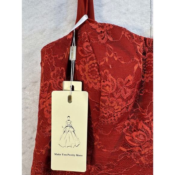 NWT Red Satin Strapless Wedding Prom Dress Lace and Sheer Overlay XS/S - Picture 5 of 11